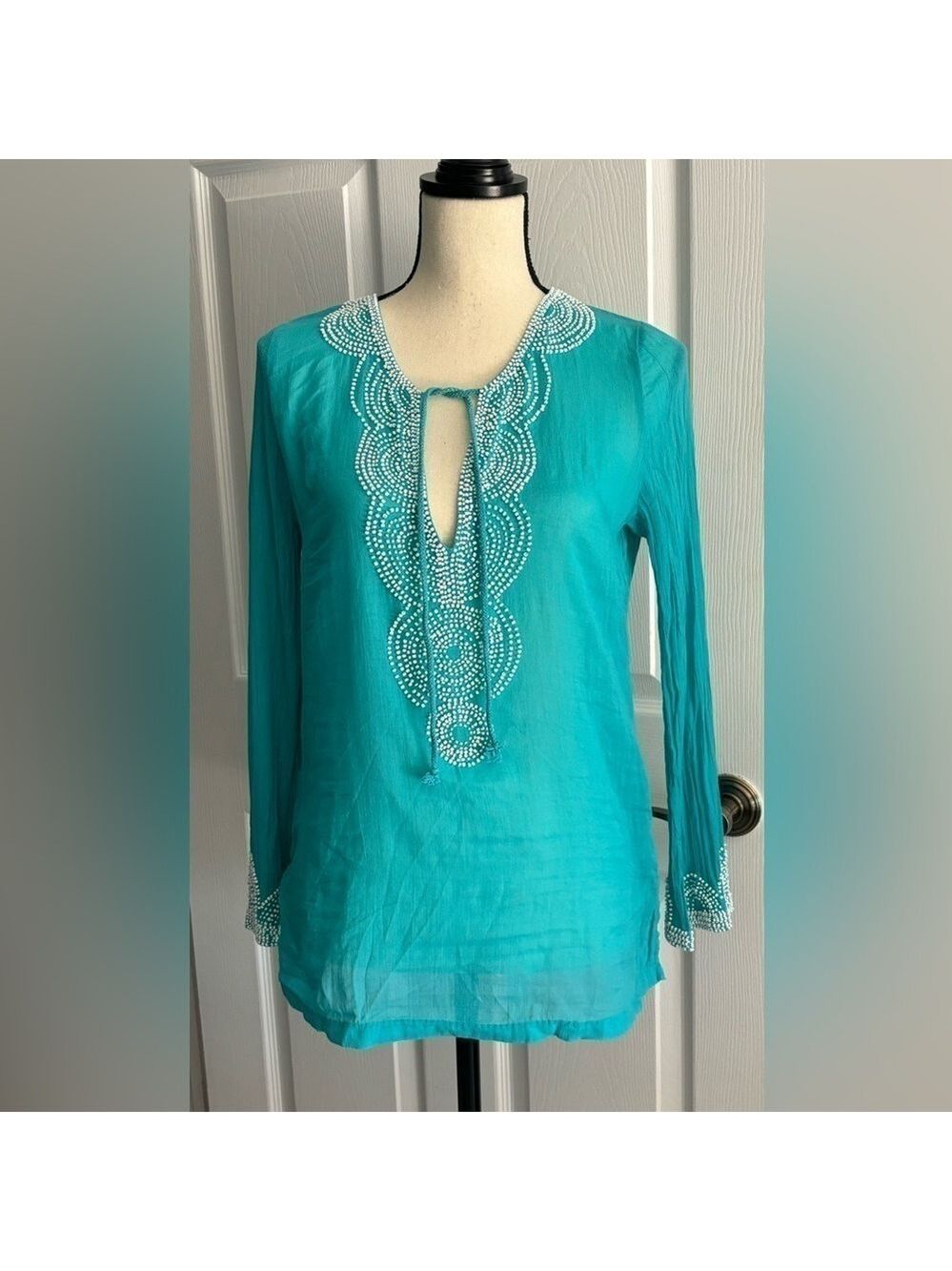 VENUS Boho Teal Beaded Blouse w/Vneck Tie. Beaded, Flared Long Sleeves Sz S